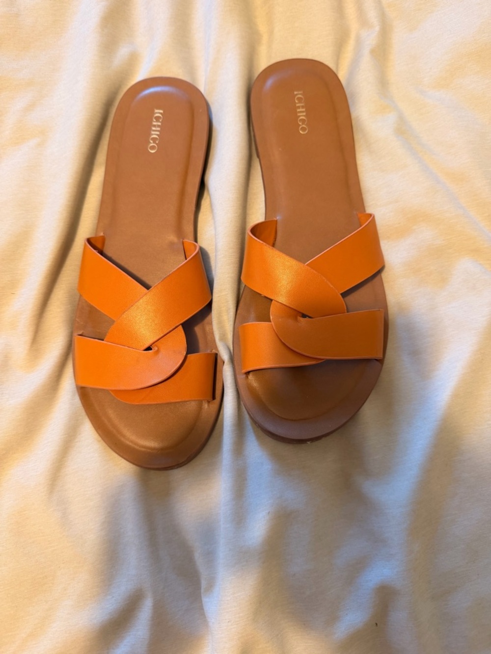 Amazon Orange Leather Cross-Strap Slide Sandals